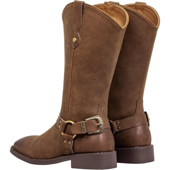 Women's Brown Buckle Strap Wide Calf Square Toe Western Riding Cowgirl Boots - Picture 9 of 9